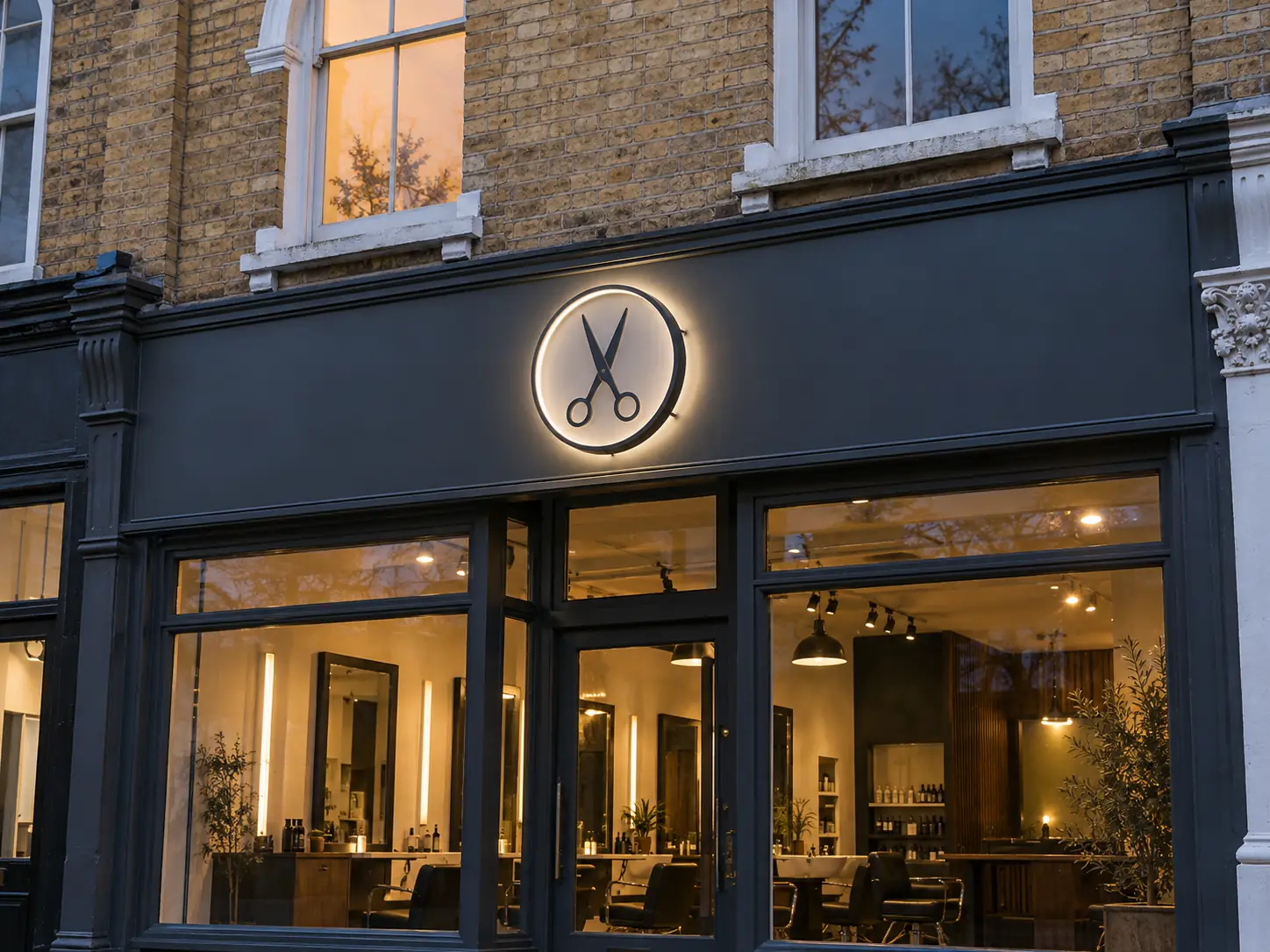 Visualisation of a graphite shop fascia with a round scissors emblem lit by a soft white halo