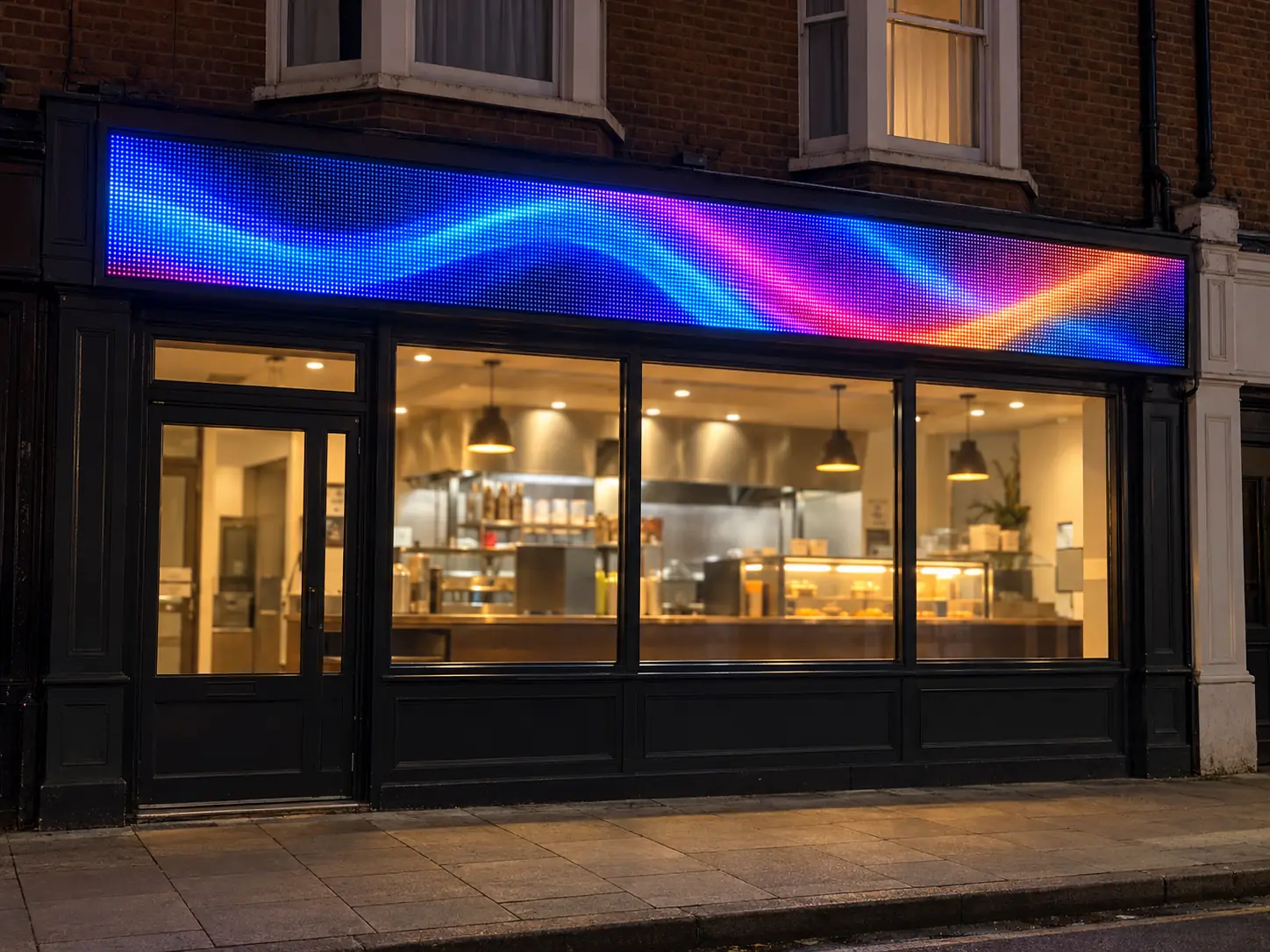 Visualisation of a takeaway at night with a full-width LED fascia showing a colourful wave