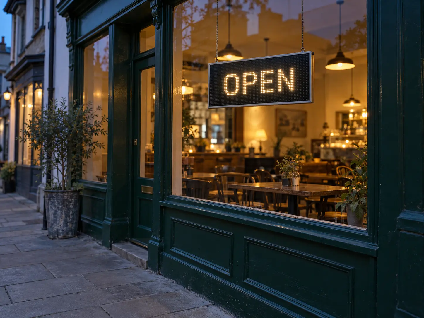 Visualisation of a café window at dusk with a hanging LED board reading "Open"